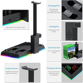 RGB Charging Stand with Cooling Fan for Xbox Series X Console & Controller,Dual Charger Station Cooler System Accessories with 15 RGB Lights,2 x 1400mAh Rechargeable Battery,Headphone stand,Game Discs